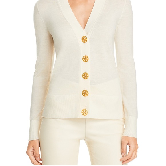 TORY BURCH, Cream Simone V-Neck Cardigan - Picture 1 of 8
